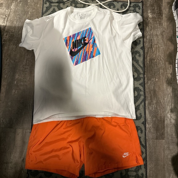 Nike White Tee with Multicolor Text and Orange Shorts - Picture 2 of 2